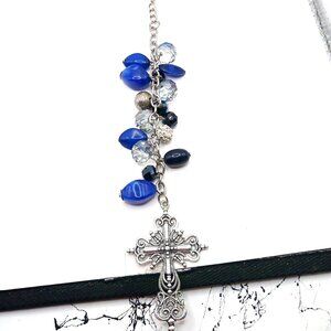 Blue + Silver Beaded  + Silver Tone Cross  9 Inch  Keychain or Purse Charm